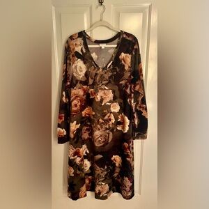 LuLaRoe Long Sleeve V-Neck Dress - Brown, Cream & Olive Floral
